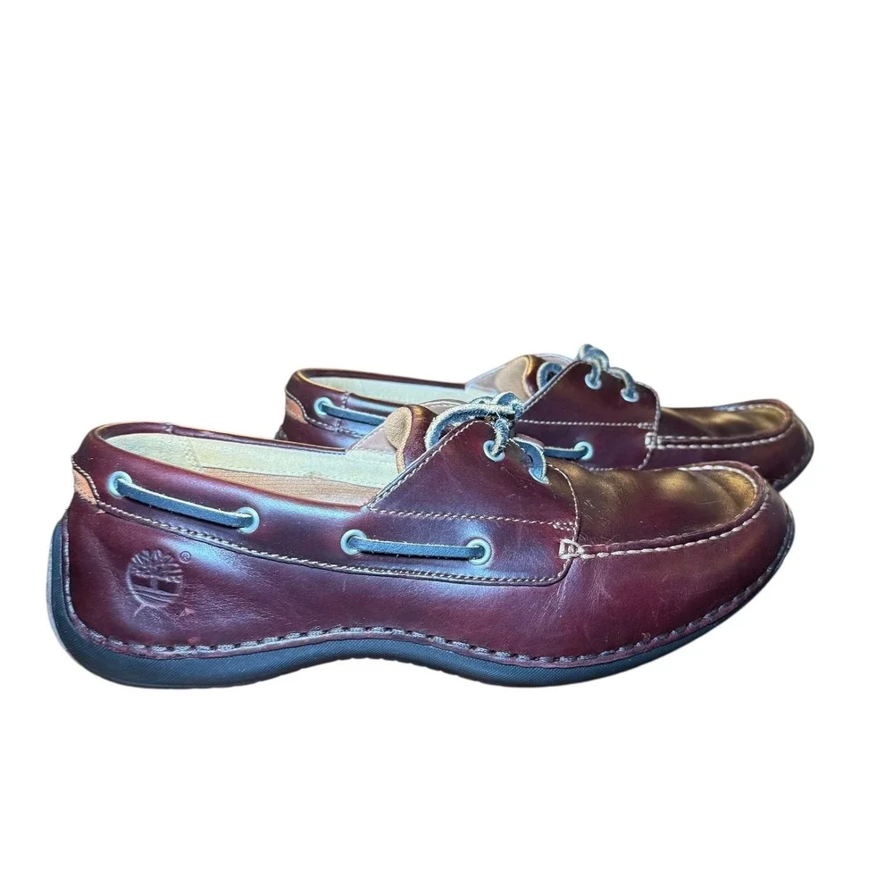 Timberland Annapolis 2-Eye Moc Toe rootbeer Burgundy Leather‎ Boat Shoes Sz 9.5